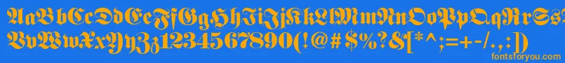 フォントFetteunzfraktur – オレンジ色の文字が青い背景にあります。