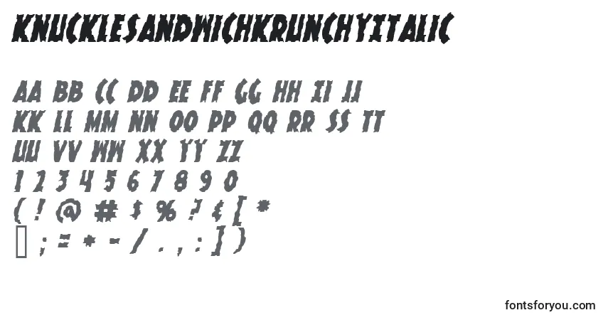 Schriftart KnuckleSandwichKrunchyItalic – Alphabet, Zahlen, spezielle Symbole