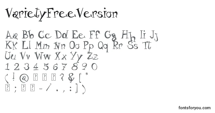 Czcionka VarietyFreeVersion – alfabet, cyfry, specjalne znaki