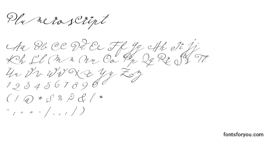 Czcionka Plumeroscript – alfabet, cyfry, specjalne znaki