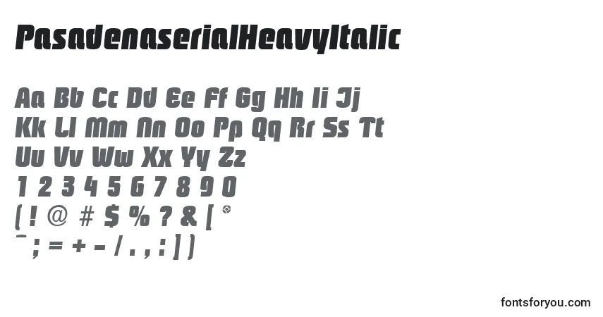 A fonte PasadenaserialHeavyItalic – alfabeto, números, caracteres especiais