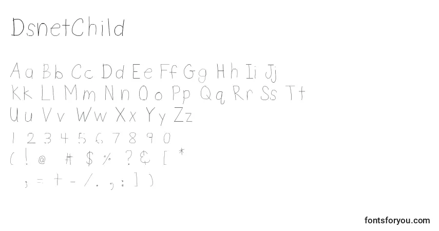 A fonte DsnetChild – alfabeto, números, caracteres especiais