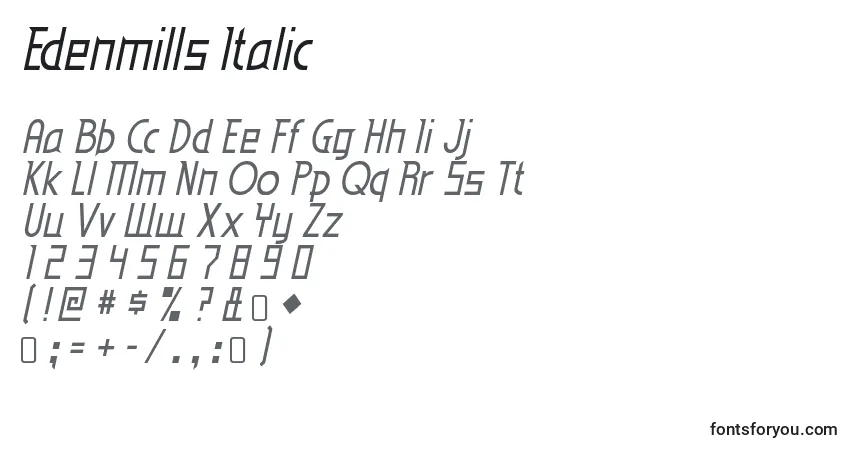 Czcionka Edenmills Italic – alfabet, cyfry, specjalne znaki