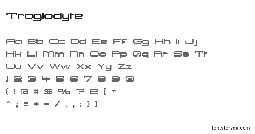 Czcionka Troglodyte – alfabet, cyfry, specjalne znaki