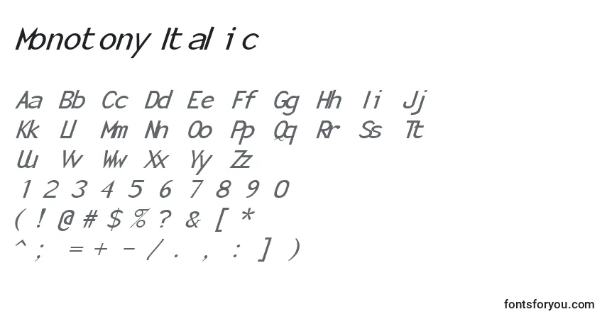 A fonte MonotonyItalic – alfabeto, números, caracteres especiais