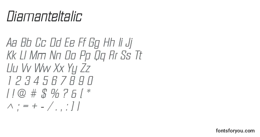 Schriftart DiamanteItalic – Alphabet, Zahlen, spezielle Symbole