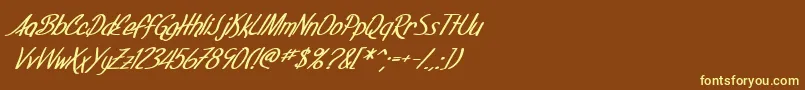 SfFoxboroScriptBoldItalic-fontti – keltaiset fontit ruskealla taustalla