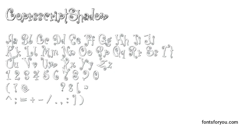 Czcionka CoprsscriptShadow – alfabet, cyfry, specjalne znaki
