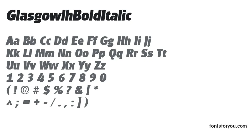 Czcionka GlasgowlhBoldItalic – alfabet, cyfry, specjalne znaki