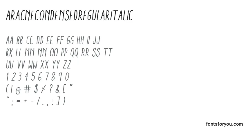 Шрифт AracneCondensedRegularItalic (108339) – алфавит, цифры, специальные символы