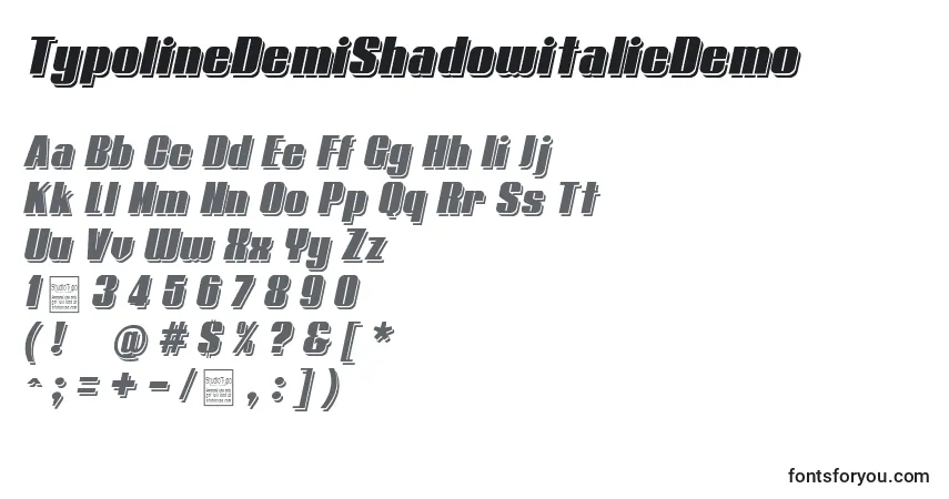 Шрифт TypolineDemiShadowitalicDemo – алфавит, цифры, специальные символы