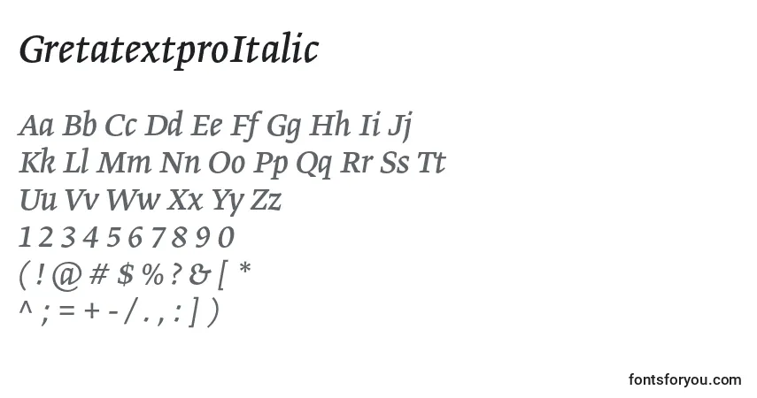 Czcionka GretatextproItalic – alfabet, cyfry, specjalne znaki
