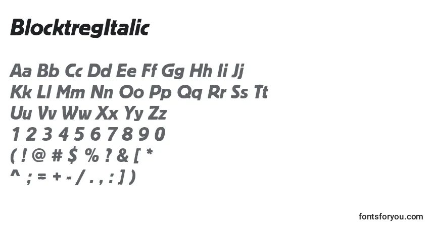 Шрифт BlocktregItalic – алфавит, цифры, специальные символы