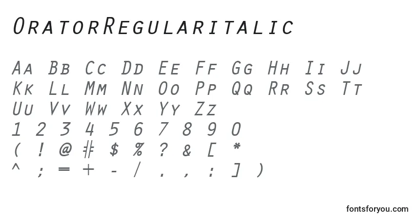 Czcionka OratorRegularitalic – alfabet, cyfry, specjalne znaki