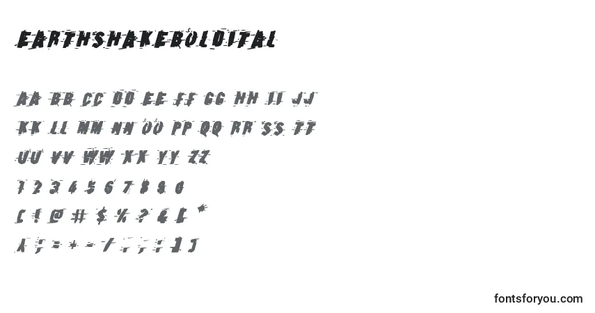 Schriftart Earthshakeboldital – Alphabet, Zahlen, spezielle Symbole