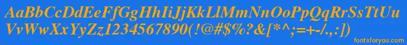 NewsSerifBolditalic-Schriftart – Orangefarbene Schriften auf blauem Hintergrund
