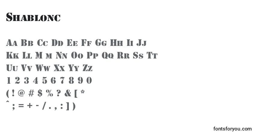 Schriftart Shablonc – Alphabet, Zahlen, spezielle Symbole