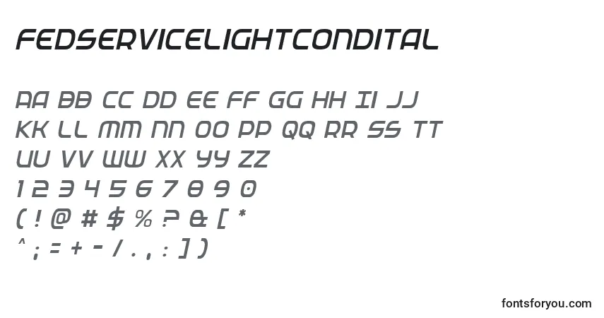 Шрифт Fedservicelightcondital – алфавит, цифры, специальные символы