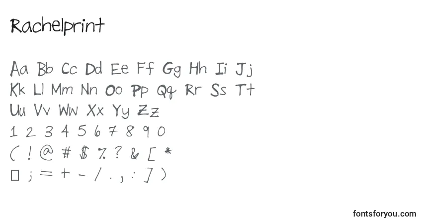 A fonte Rachelprint – alfabeto, números, caracteres especiais