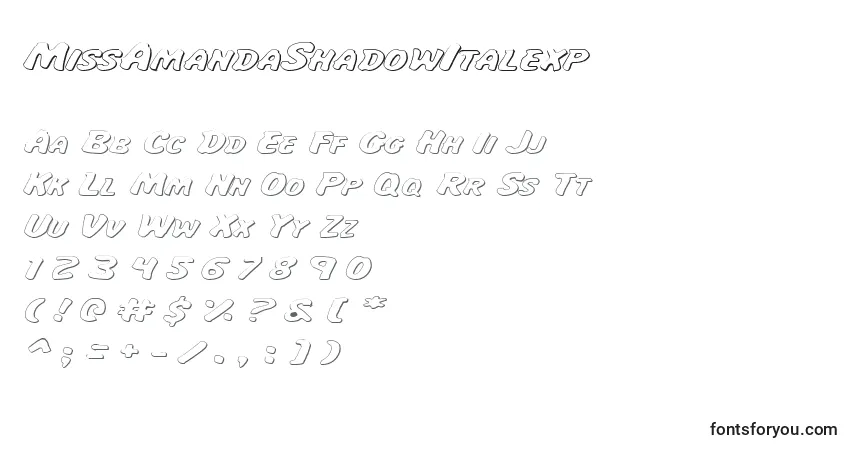 Schriftart MissAmandaShadowItalexp – Alphabet, Zahlen, spezielle Symbole
