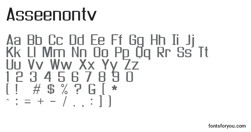 A fonte Asseenontv – alfabeto, números, caracteres especiais