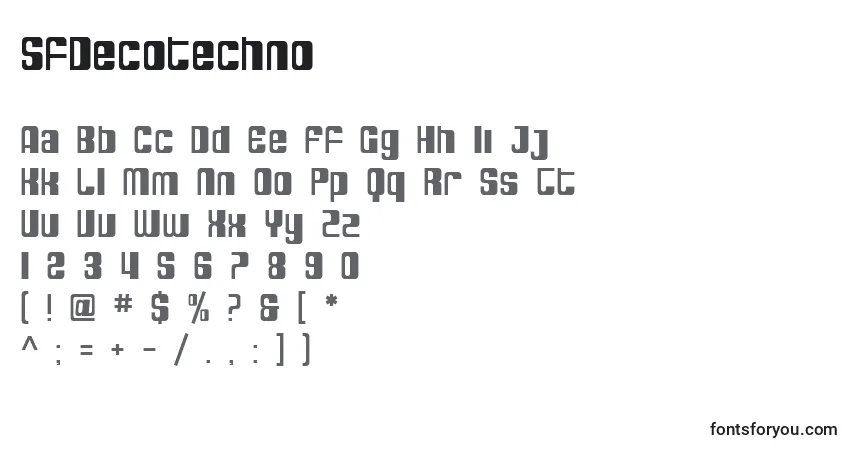 A fonte SfDecotechno – alfabeto, números, caracteres especiais