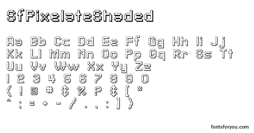 A fonte SfPixelateShaded – alfabeto, números, caracteres especiais