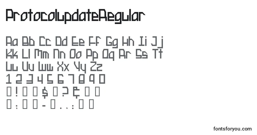 Czcionka ProtocolupdateRegular – alfabet, cyfry, specjalne znaki