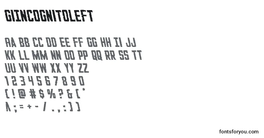A fonte GiIncognitoleft – alfabeto, números, caracteres especiais