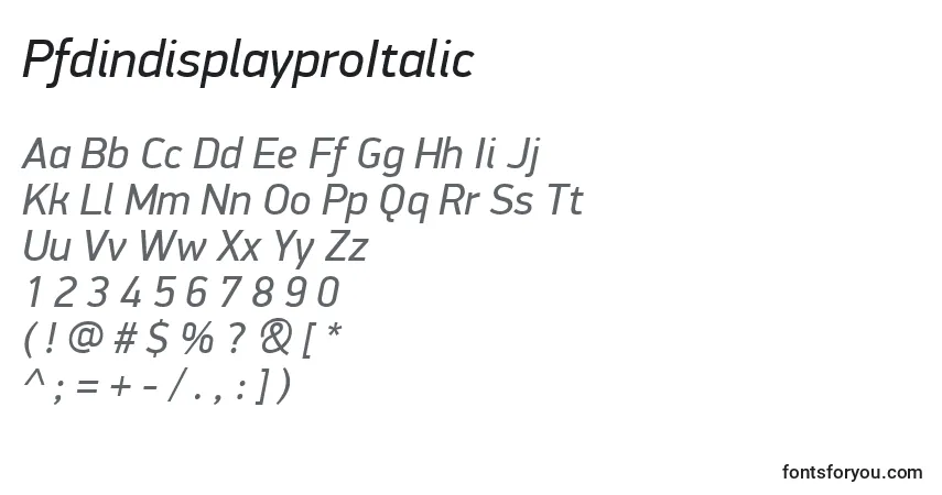 Czcionka PfdindisplayproItalic – alfabet, cyfry, specjalne znaki