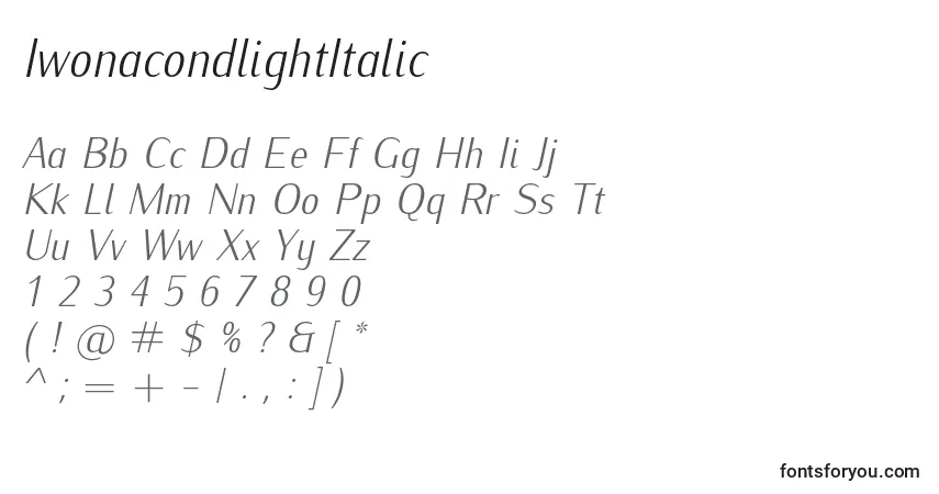 Schriftart IwonacondlightItalic – Alphabet, Zahlen, spezielle Symbole