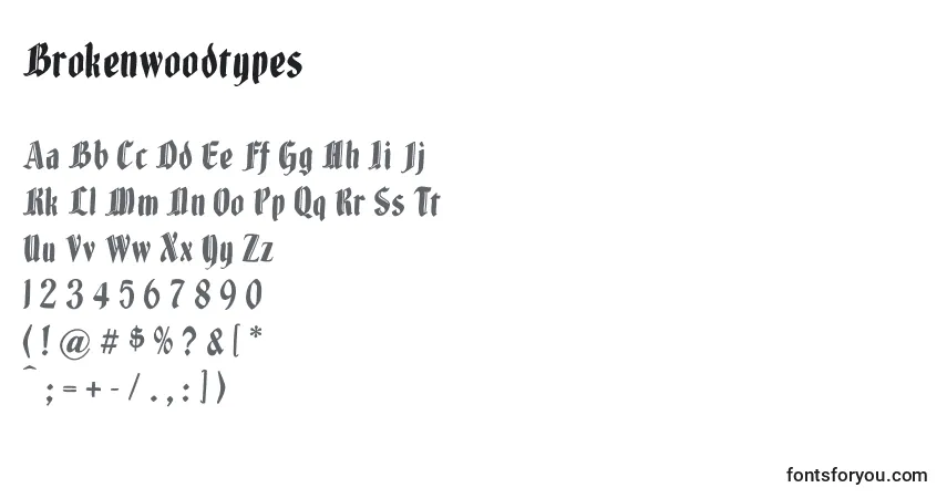 Schriftart Brokenwoodtypes – Alphabet, Zahlen, spezielle Symbole