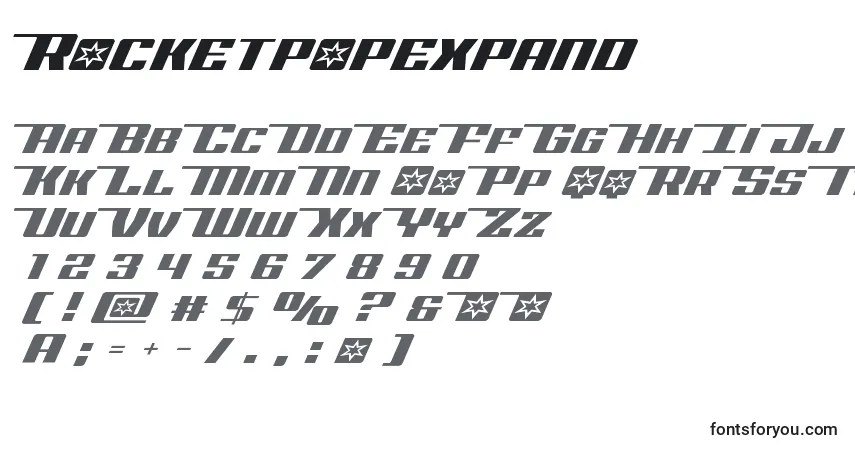 Czcionka Rocketpopexpand – alfabet, cyfry, specjalne znaki