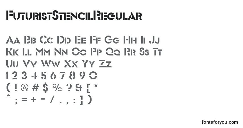 Czcionka FuturistStencilRegular – alfabet, cyfry, specjalne znaki
