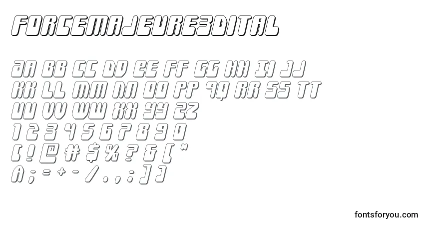 A fonte Forcemajeure3Dital – alfabeto, números, caracteres especiais