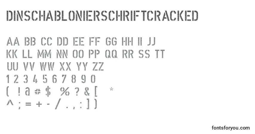 Czcionka DinSchablonierschriftCracked – alfabet, cyfry, specjalne znaki