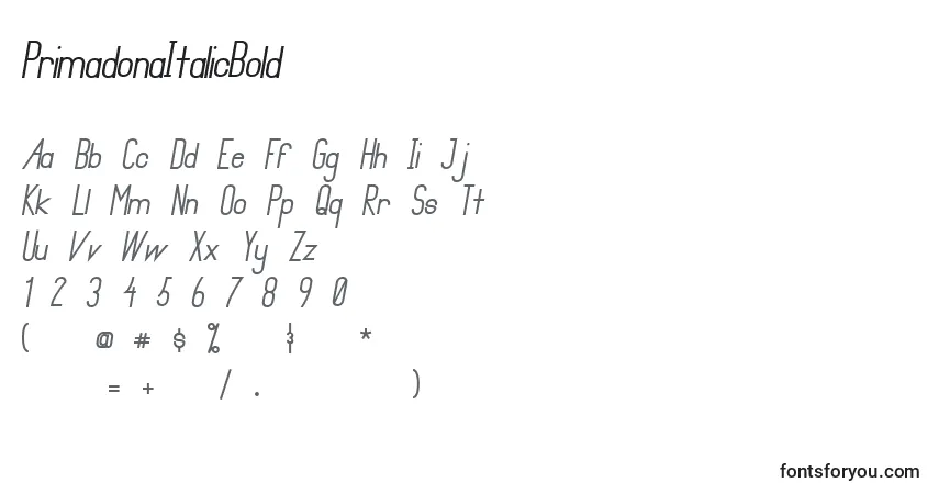 Schriftart PrimadonaItalicBold – Alphabet, Zahlen, spezielle Symbole