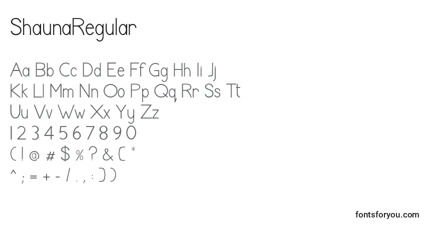 Schriftart ShaunaRegular – Alphabet, Zahlen, spezielle Symbole