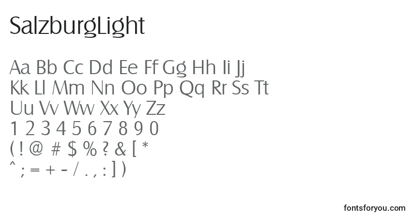 Czcionka SalzburgLight – alfabet, cyfry, specjalne znaki
