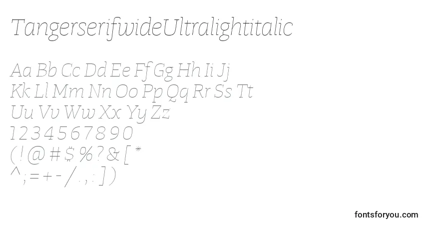 A fonte TangerserifwideUltralightitalic – alfabeto, números, caracteres especiais