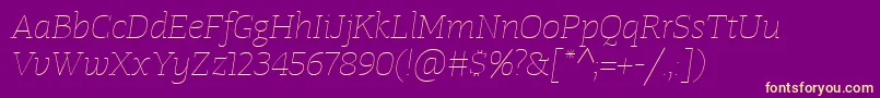 Fonte TangerserifwideUltralightitalic – fontes amarelas em um fundo roxo