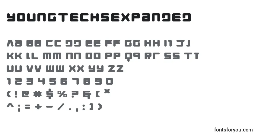 Schriftart YoungTechsExpanded – Alphabet, Zahlen, spezielle Symbole