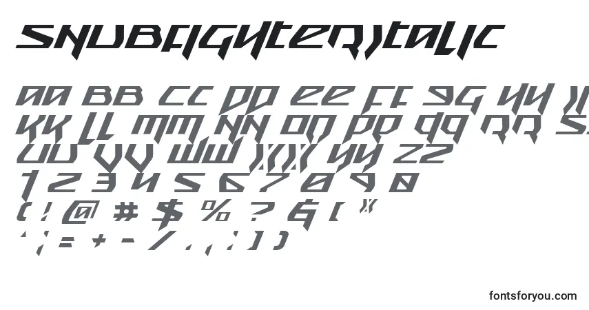 A fonte SnubfighterItalic – alfabeto, números, caracteres especiais