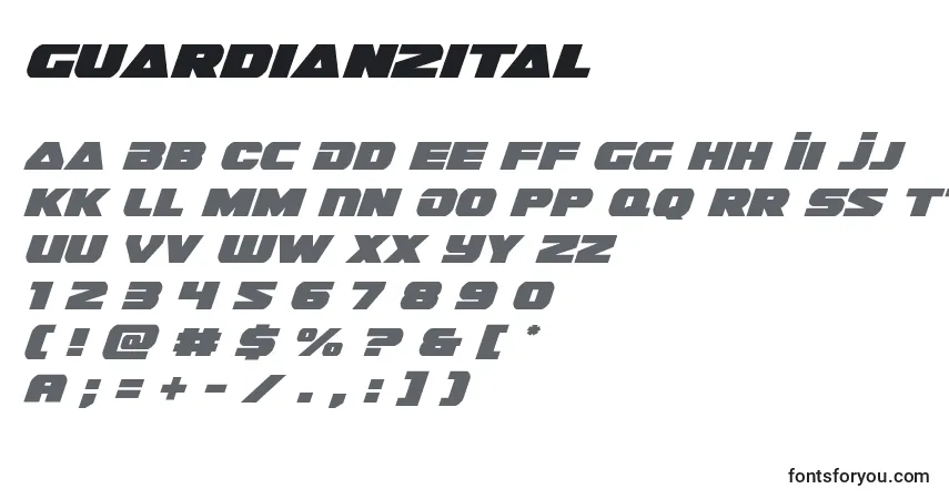 Czcionka Guardian2ital – alfabet, cyfry, specjalne znaki