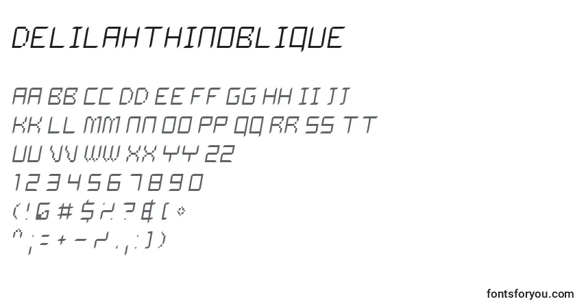 Schriftart DelilahThinoblique – Alphabet, Zahlen, spezielle Symbole