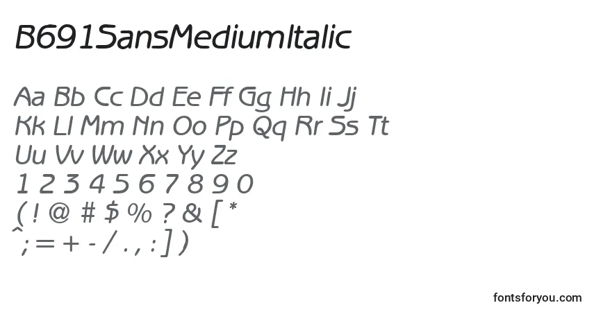 Schriftart B691SansMediumItalic – Alphabet, Zahlen, spezielle Symbole