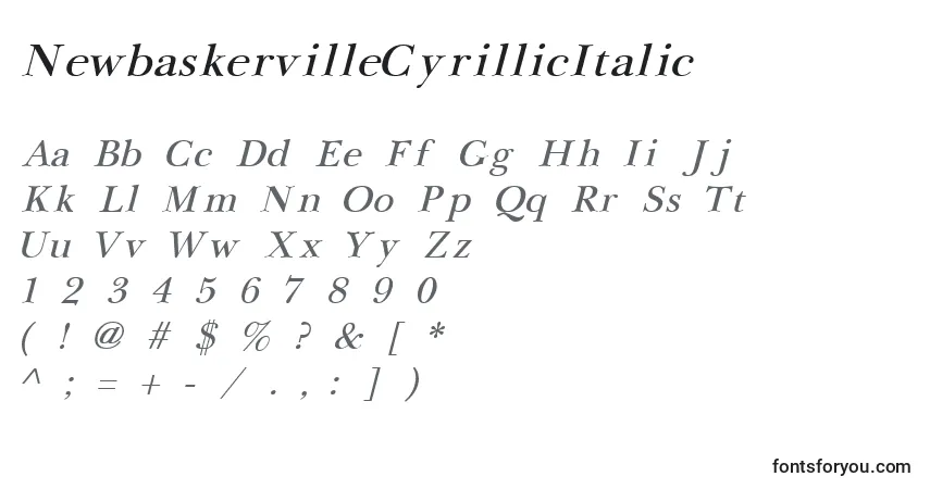 A fonte NewbaskervilleCyrillicItalic – alfabeto, números, caracteres especiais