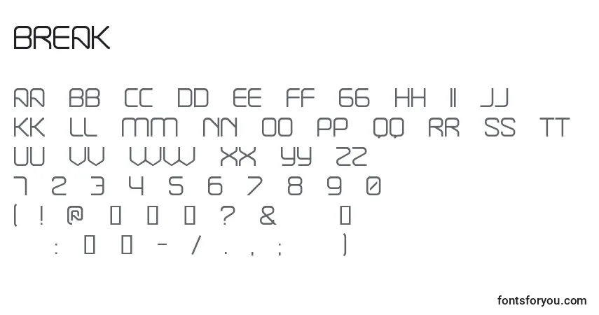 Czcionka Break – alfabet, cyfry, specjalne znaki