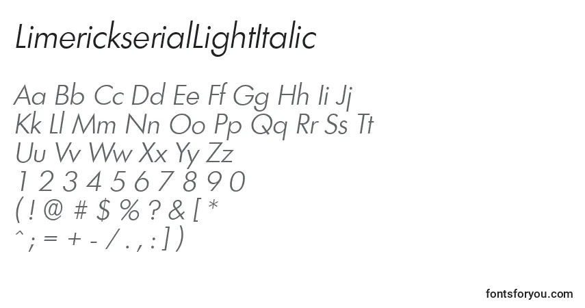 Шрифт LimerickserialLightItalic – алфавит, цифры, специальные символы