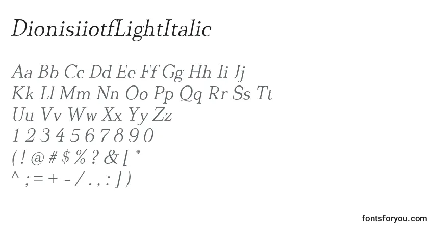 Шрифт DionisiiotfLightItalic – алфавит, цифры, специальные символы